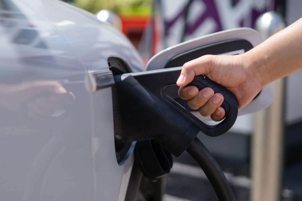 EV charging station for electric car in concept of green energy and eco power produced.