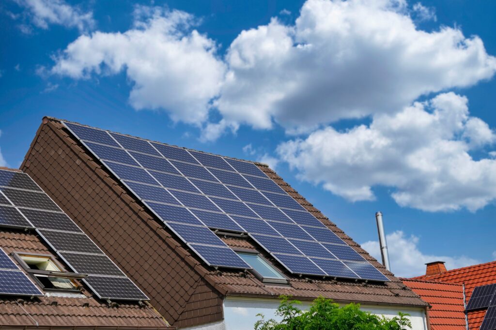 View of solar panels installed on a house roof